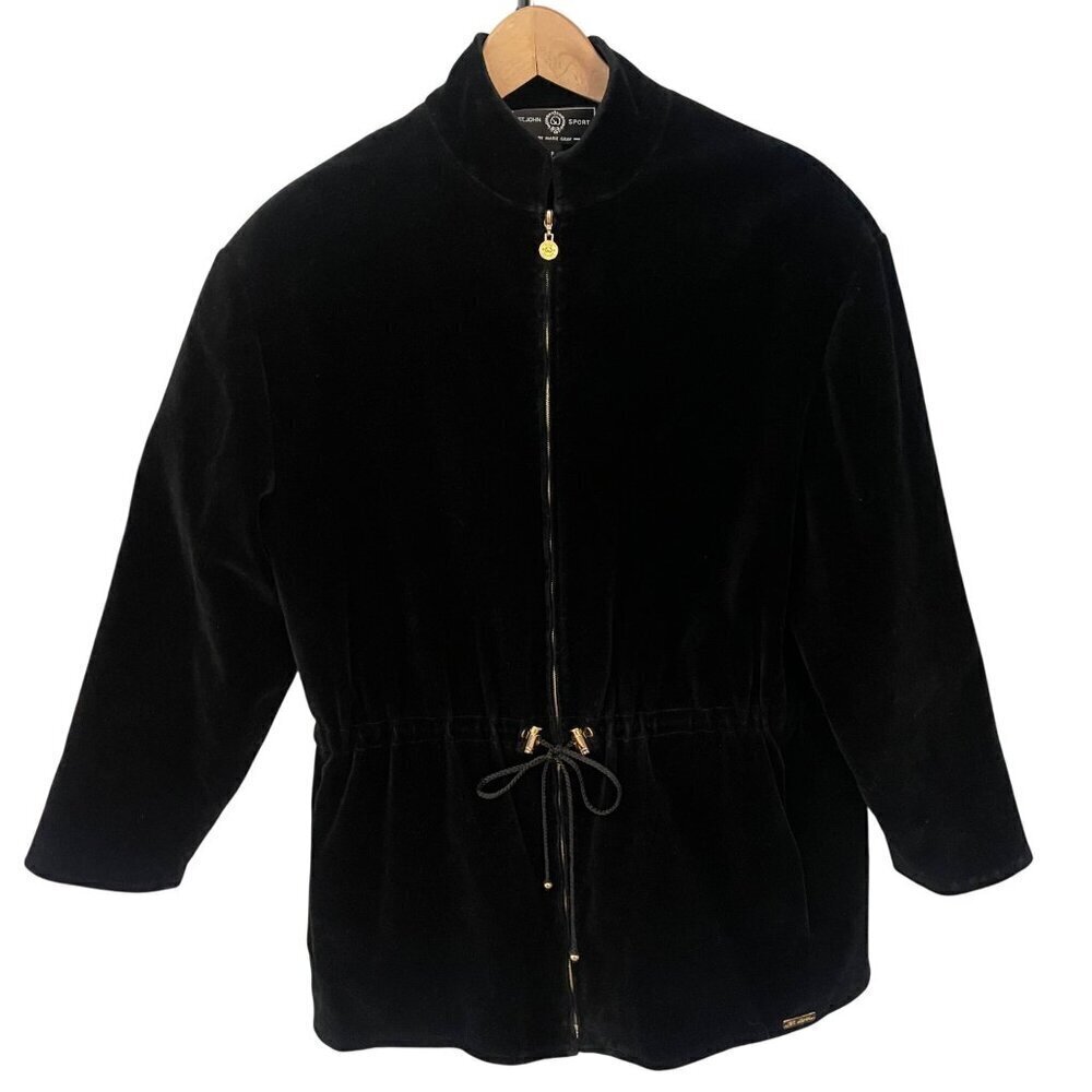 Vintage Y2K St. John Sport Womens Jacket Sz P Black Velvet Quiet Luxury Dog Show